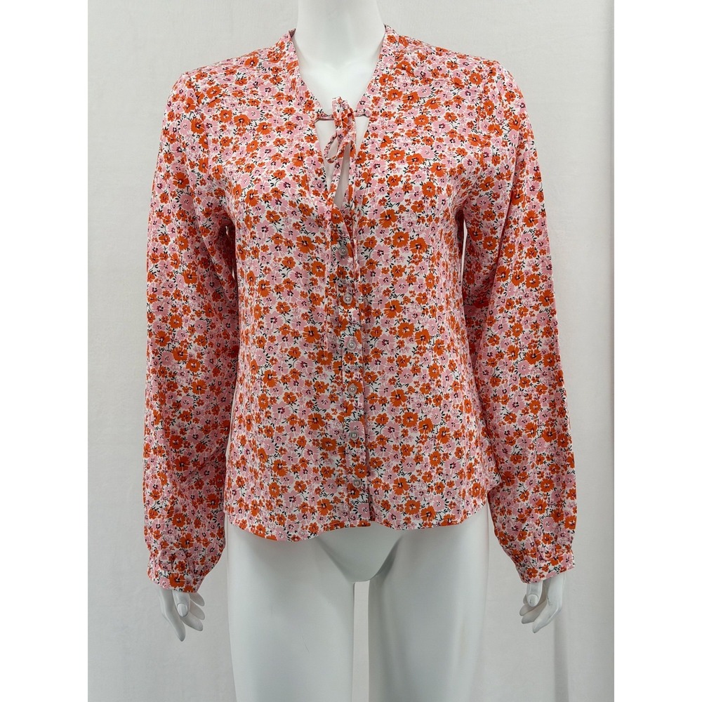 Rochelle Behrens The Shirt Top Womens Medium Pink Orange Floral Button Up Spring